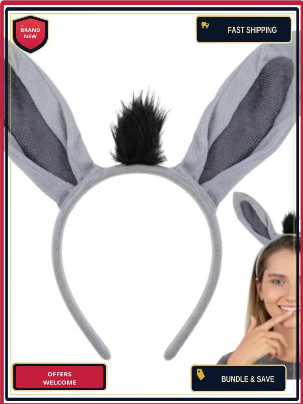 Bendable Donkey Ear Headband Adult Costume Accessory